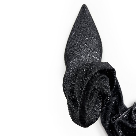 Zara black metallic over the knee point toe kitten heel fabric boots - Picture 3 of 6